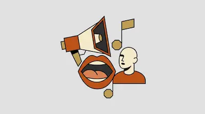A megaphone, an open mouth, a human head, and musical notes in a stylized graphic.