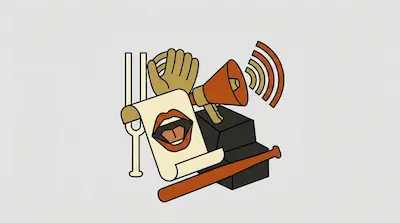 A cluster of stylized icons including a tuning fork, a waving hand, a megaphone, a scroll with a mouth, a baseball bat, and a podium.