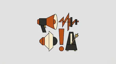 A collection of geometric icons including a megaphone, a sound wave, a speaker, an exclamation point, and a metronome.