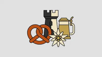 A collection of icons featuring a pretzel, a castle tower, an edelweiss flower, and a beer stein.