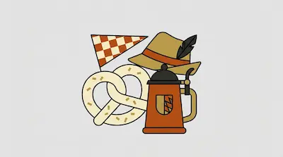 A checkered pennant, a hat with a feather, a pretzel, and a beer stein.