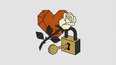 A geometric orange heart, a white rose with a thorny stem, and a gold padlock with a key inserted into the keyhole.