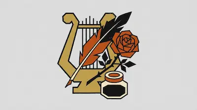 A gold lyre, a black and orange quill pen, an orange rose, and an inkwell arranged together.