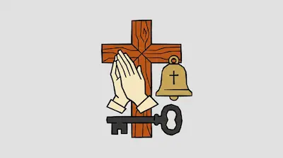 A wooden cross with praying hands, a bell, and a key.