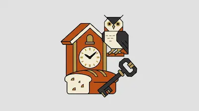 A cuckoo clock with an owl perched on its side, a loaf of bread at its base, and a large key leaning against the bread.