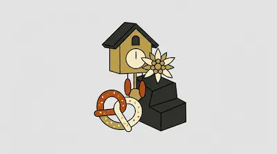 A cuckoo clock, a pretzel, and an edelweiss flower are arranged together next to dark grey blocks.