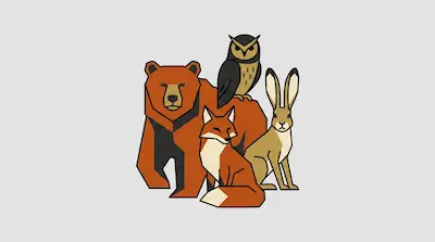 A stylized, geometric group of four animals: a bear, an owl, a fox, and a hare.