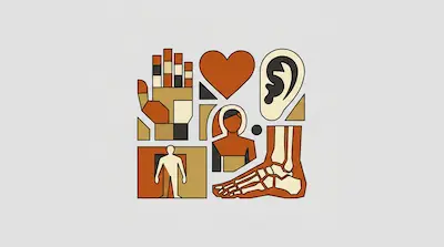 A grid-like arrangement of geometric icons representing a hand, heart, ear, foot, and human figures in shades of orange, tan, and black.