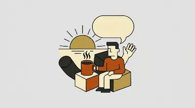 A person sits on a box holding a steaming mug with a sun and speech bubble in the background.