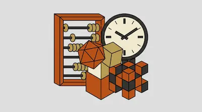 An abacus, a clock, and several geometric shapes including an icosahedron and cubes are clustered together.