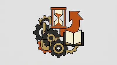 A cluster of gears, an hourglass, an upward-pointing arrow, and an open book.