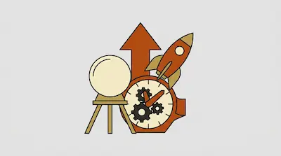 A crystal ball on a tripod, a clock with gears, an upward-pointing arrow, and a rocket ship.