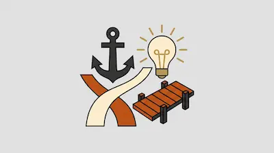 A black anchor, a glowing lightbulb, a wooden dock, and two intersecting curved paths on a gray background.