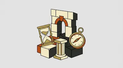 A stone archway, an hourglass, a compass, and a classical column arranged on a group of blocks.