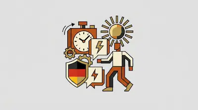 A person with a sun for a head walks past a clock, gears, a shield with the German flag, and speech bubbles with lightning bolts.