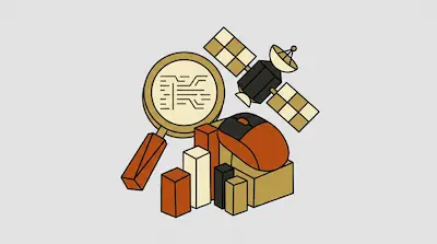 A magnifying glass, a satellite, a computer mouse, and several rectangular blocks are grouped together.