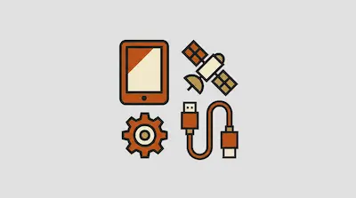 Four minimalist icons of a tablet, a satellite, a gear, and a USB cable arranged in a square.