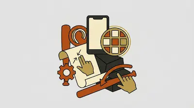 A collection of stylized icons including a smartphone, a gear, a baseball bat, and hands demonstrating touch gestures.