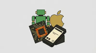 A collection of tech icons including a green robot, a gold apple, a microchip, and a smartphone.