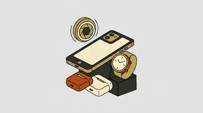 A stylized isometric arrangement of a smartphone, a smartwatch, two earbud cases, and a camera shutter icon.