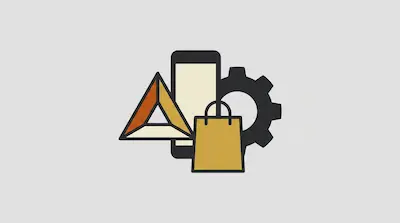 A collection of icons including a smartphone, a gear, a shopping bag, and a triangular logo.