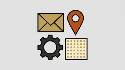 Four stylized icons arranged in a grid: an envelope, a map pin, a gear, and a square with a grid of dots.
