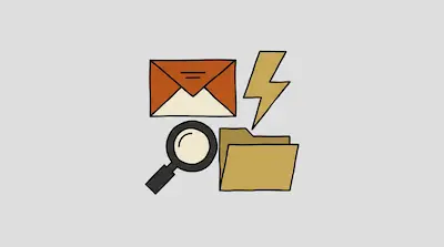 A cluster of hand-drawn icons featuring an orange envelope, a yellow lightning bolt, a magnifying glass, and a tan folder.