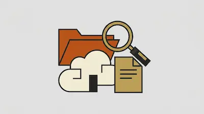 An orange folder, a cream-colored cloud, a tan document, and a magnifying glass.