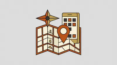 A folded map with a location pin, a compass rose, and a smartphone.