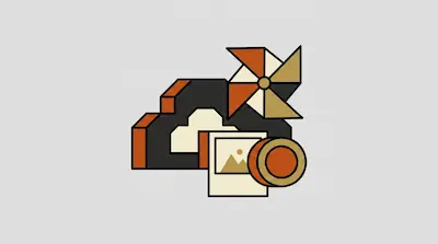 A dark grey cloud with orange accents, a pinwheel, a photo icon, and a circular coin.