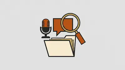 A microphone, a speech bubble, a magnifying glass, and a file folder are grouped together.