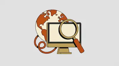 A globe, a computer monitor, and a magnifying glass in shades of orange, tan, and brown.