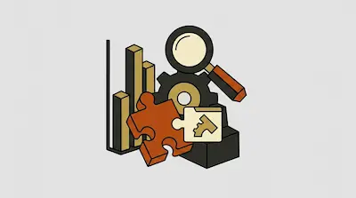 A bar chart, a magnifying glass, a gear, and puzzle pieces are grouped together in a stylized graphic.