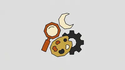 A magnifying glass, a crescent moon, a gear, and a paint palette are grouped together.