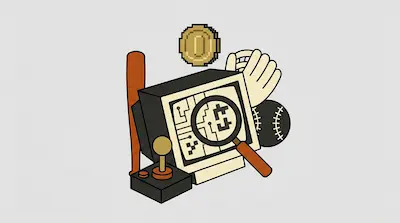 A retro computer monitor with a magnifying glass over a pixelated pattern, surrounded by a baseball bat, glove, ball, joystick, and a gold coin.