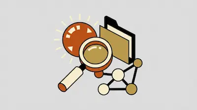 A magnifying glass, a lightbulb with rays, a file folder, and a network of connected nodes.