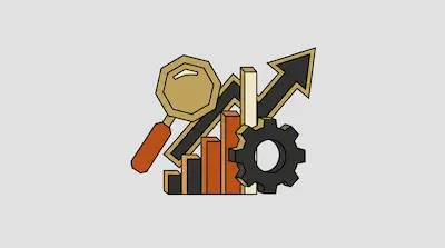 A magnifying glass, a bar chart, an upward-pointing arrow, and a gear.