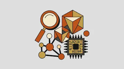 A stylized graphic featuring a magnifying glass, two faceted cubes, a network of connected circles, and a microchip.