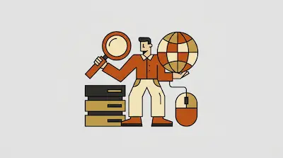 A man holds a magnifying glass and a globe while standing next to a stack of boxes and a computer mouse.
