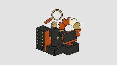 A graphic featuring icons of a server rack, a person, a computer monitor, a gear, and a magnifying glass.