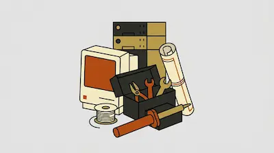 A vintage computer, a stack of servers, a toolbox with tools, a soldering iron, and a rolled-up blueprint.