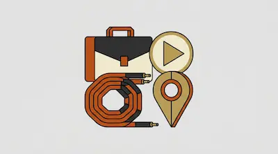 Flat illustration of a briefcase, a coiled orange cable, a play button, and a location pin on a grey background
