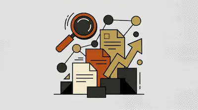 A magnifying glass, documents, a bar chart, and an upward-pointing arrow are arranged in a stylized graphic with connected nodes.