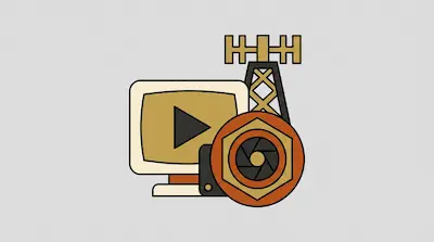 A computer monitor with a play button, a broadcast tower, and a camera lens icon.