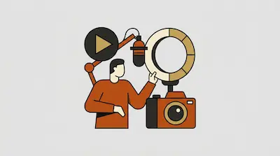 A stylized person surrounded by content creation tools including a camera, ring light, and microphone.