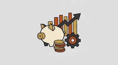 A piggy bank stands next to a stack of coins, a gear, and a bar graph with an upward-pointing arrow.