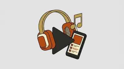 Orange headphones, a large play button, a smartphone with a music interface, and a musical note.