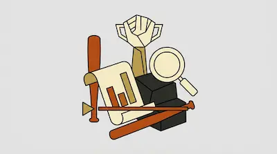 A trophy, two baseball bats, a magnifying glass, and a document with a bar chart are arranged in a stylized cluster.