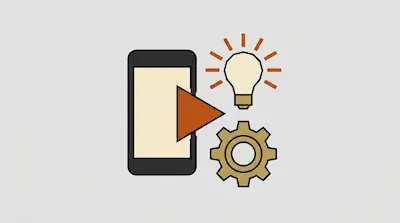 A smartphone, an orange play button, a lightbulb, and a gear.