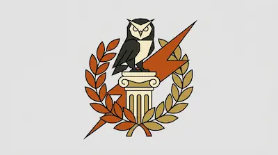 A stylized owl perched on a classical column, framed by a laurel wreath and a lightning bolt.